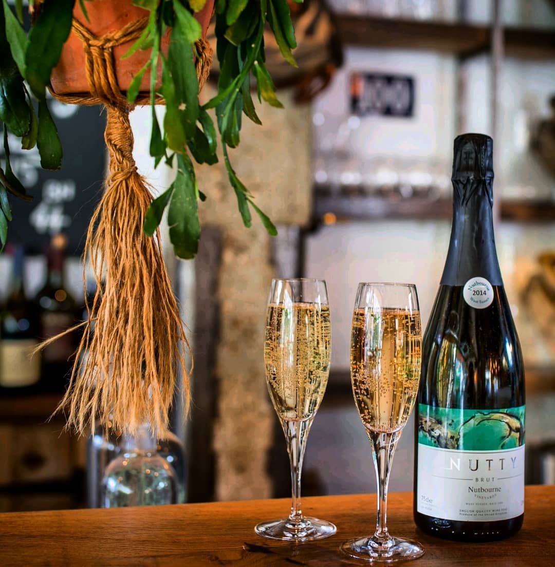 Nutty Vintage Brut Classic Method English Sparkling Wine Bottle wirh Flute Glasses