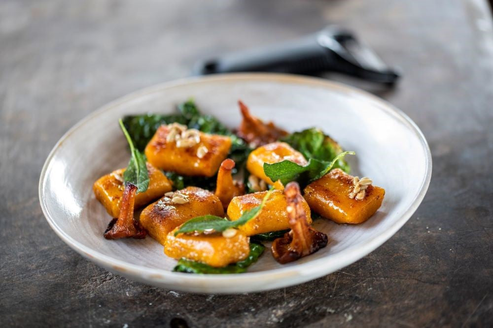 Onion Squash Gnocchi, Spinach & Chanterelles